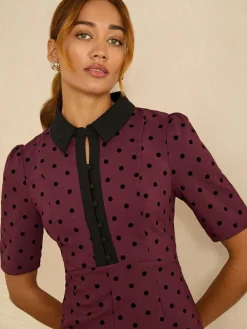 Love & Roses Burgundy Red Flocked Spot Short Sleeve Midi Dress^Women Midi Dresses