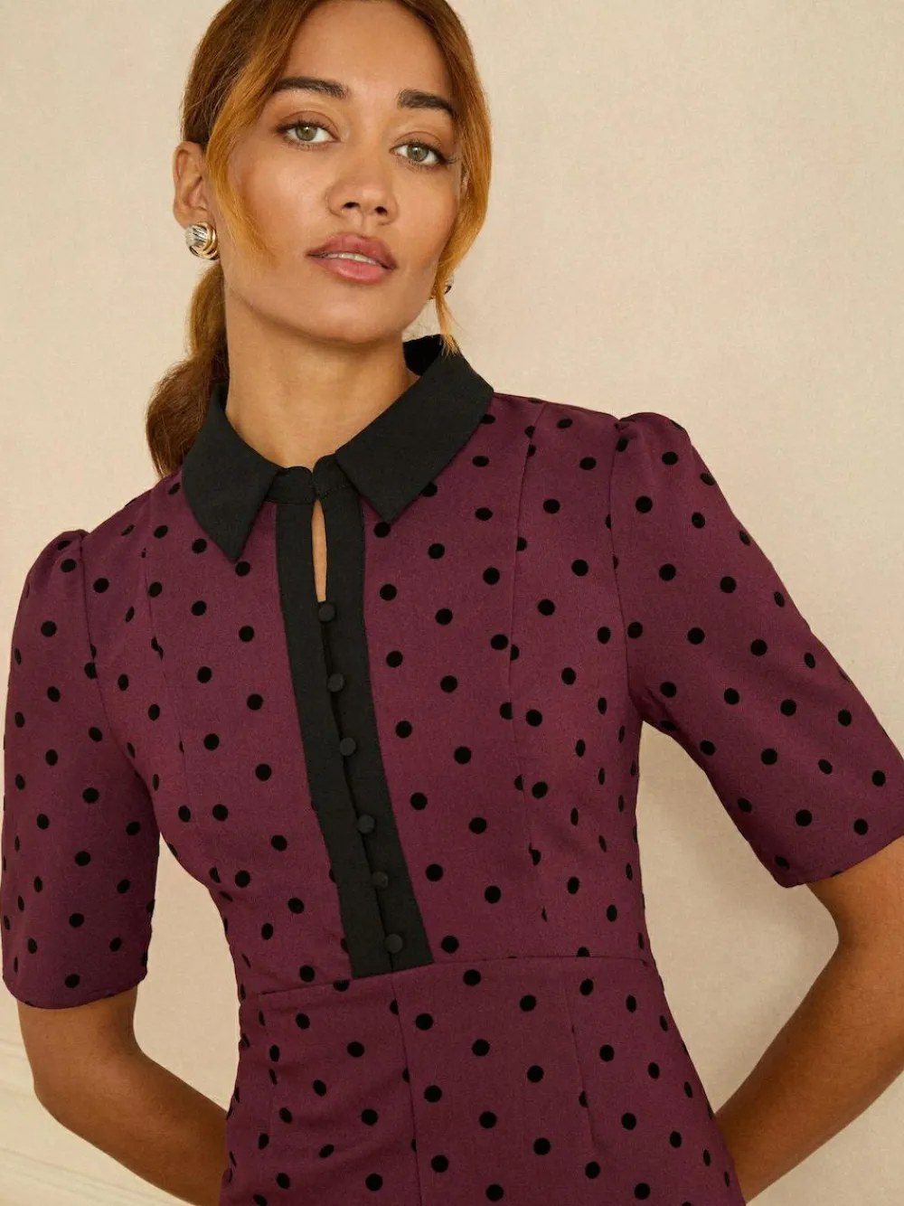 Love & Roses Burgundy Red Flocked Spot Short Sleeve Midi Dress^Women Midi Dresses