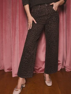 Love & Roses Chocolate Brown Leopard Print Flocked Crop Wide Leg Jeans^Women Jeans|Jeans
