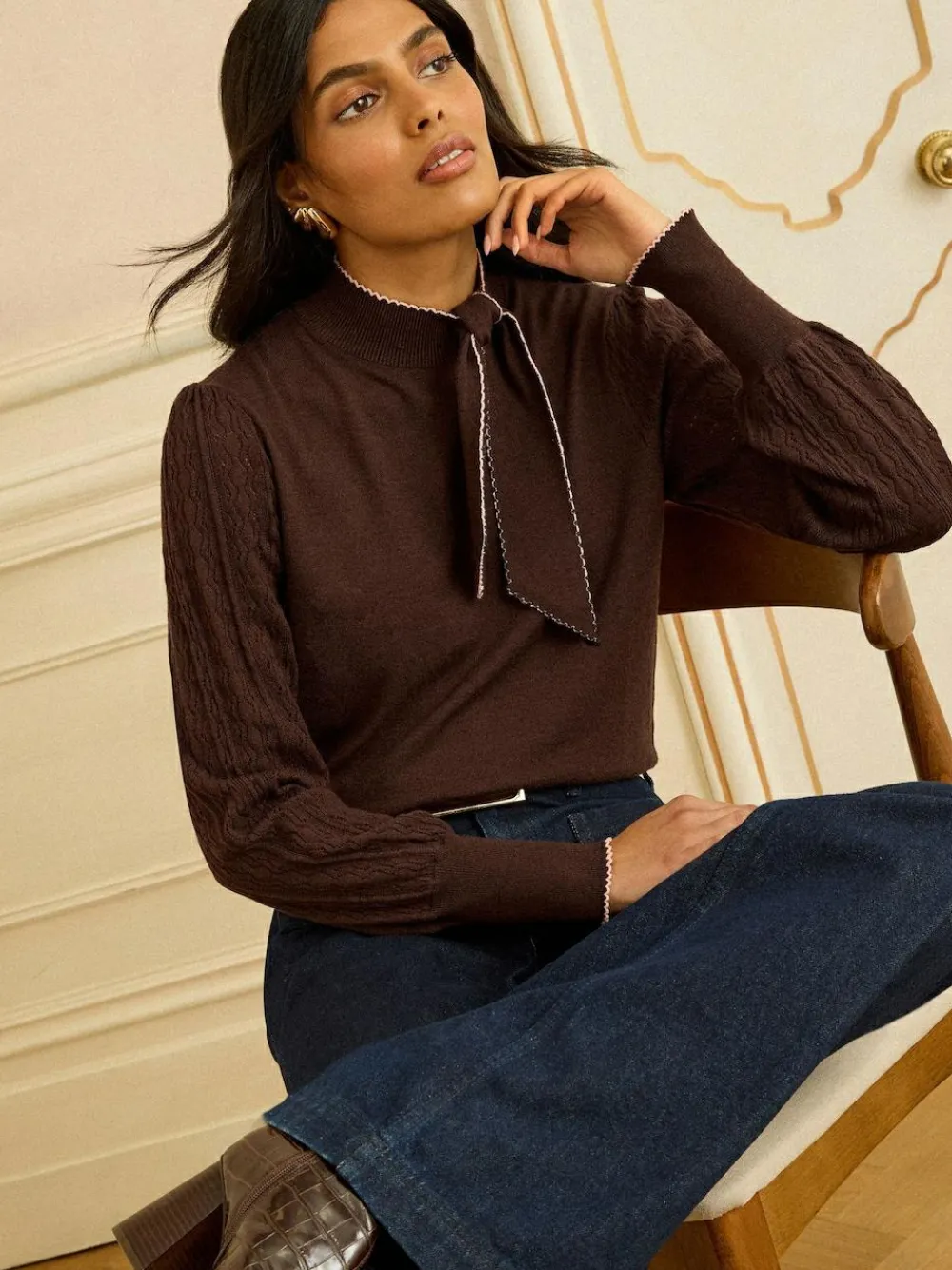 Clearance Love & Roses Tie Neck Knitted Jumper Chocolate Brown