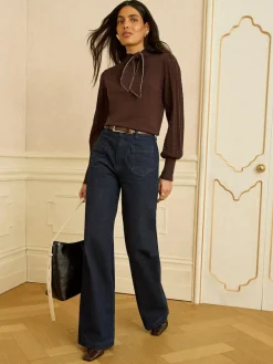 Clearance Love & Roses Tie Neck Knitted Jumper Chocolate Brown