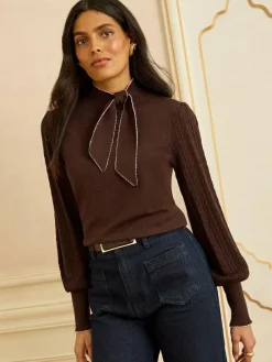 Clearance Love & Roses Tie Neck Knitted Jumper Chocolate Brown