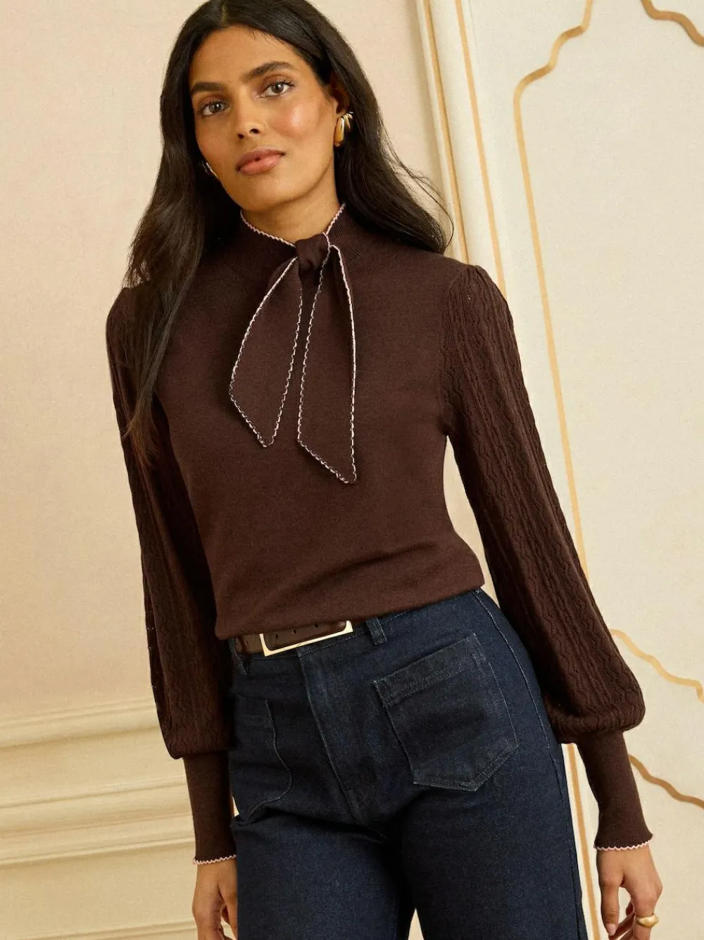 Clearance Love & Roses Tie Neck Knitted Jumper Chocolate Brown