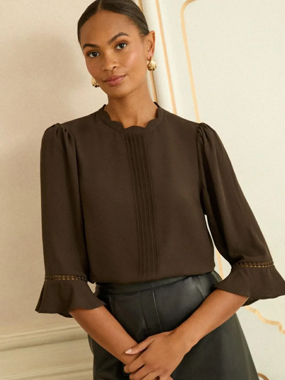 Love & Roses Chocolate Brown 3/4 Flute Sleeve Blouse^Women Tops & T-Shirts|Blouses & Shirts