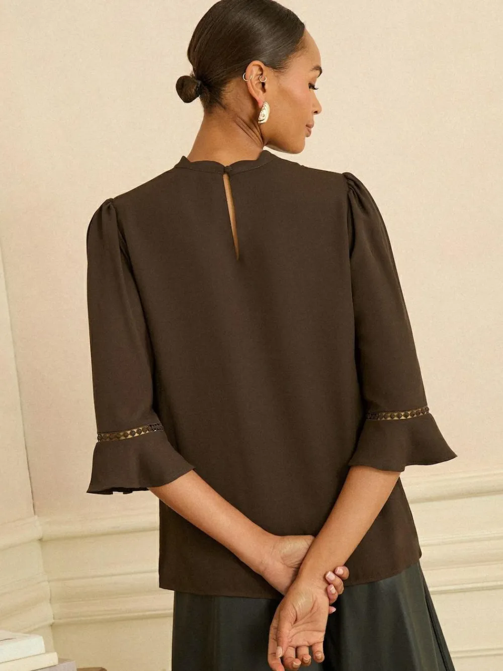 Love & Roses Chocolate Brown 3/4 Flute Sleeve Blouse^Women Tops & T-Shirts|Blouses & Shirts