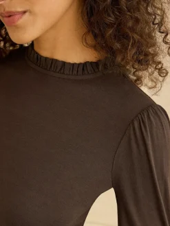 Love & Roses Chocolate Brown Frill Neck Long Sleeve Jersey Top^Women Tops & T-Shirts|Blouses & Shirts