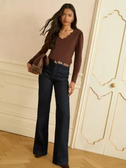 Love & Roses Chocolate Brown Scallop V-Neck Long Sleeve Jersey Top^Women Tops & T-Shirts|Occasionwear