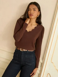 Love & Roses Chocolate Brown Scallop V-Neck Long Sleeve Jersey Top^Women Tops & T-Shirts|Occasionwear
