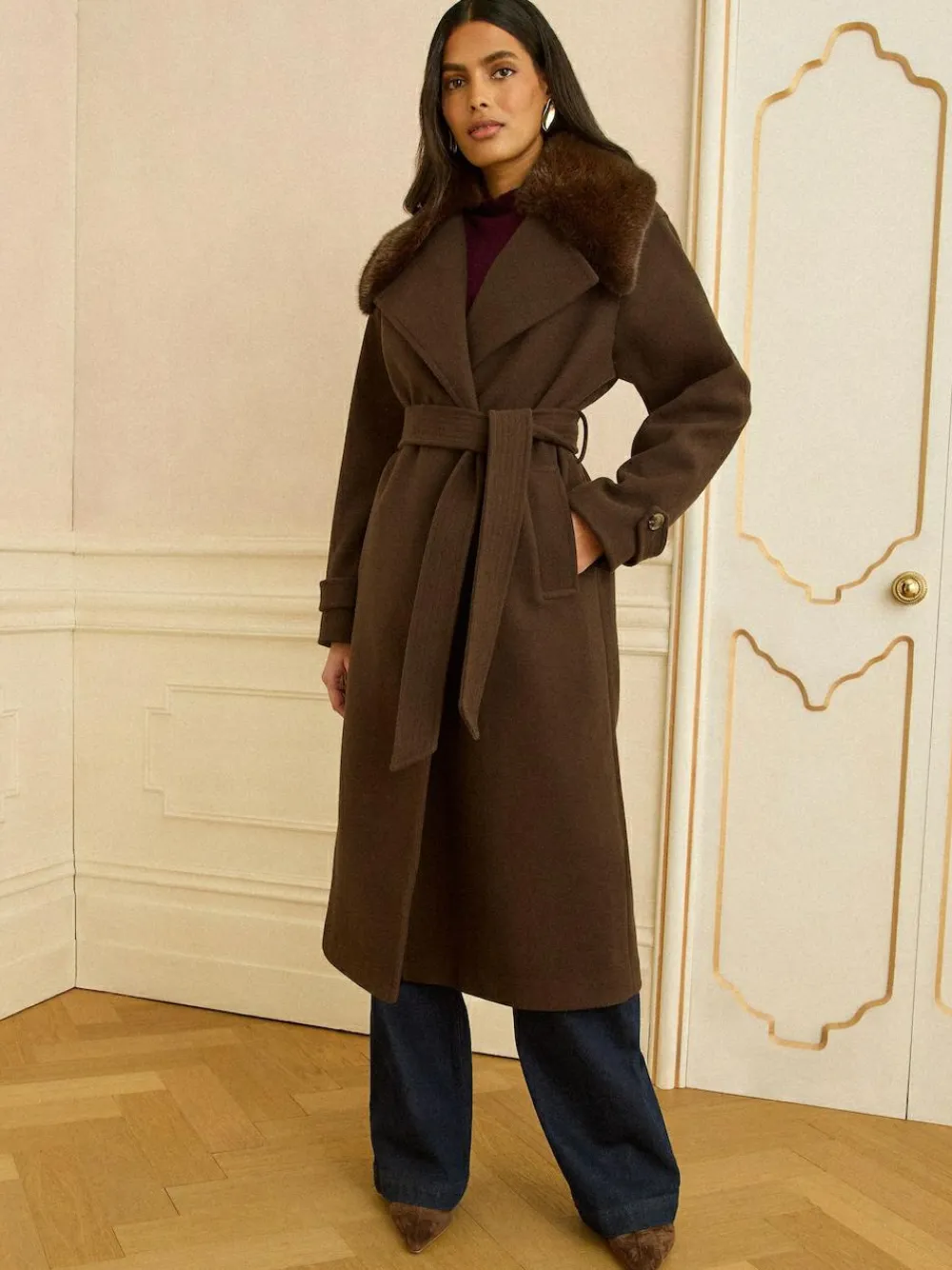 Love & Roses Chocolate Brown Fur Collared Wrap Coat