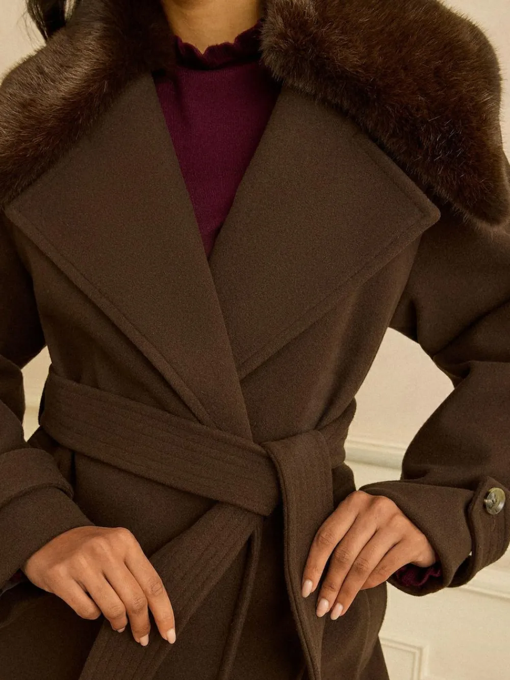 Love & Roses Chocolate Brown Fur Collared Wrap Coat