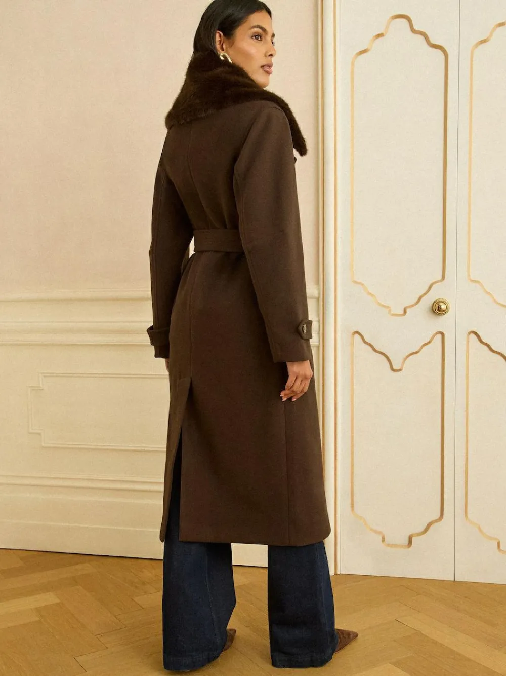 Love & Roses Chocolate Brown Fur Collared Wrap Coat