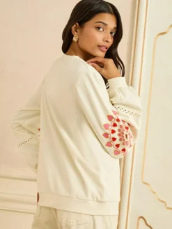 Love & Roses Cream Heart Ric Rac Embroidered Sweat Top^Women Nightwear|Knitwear