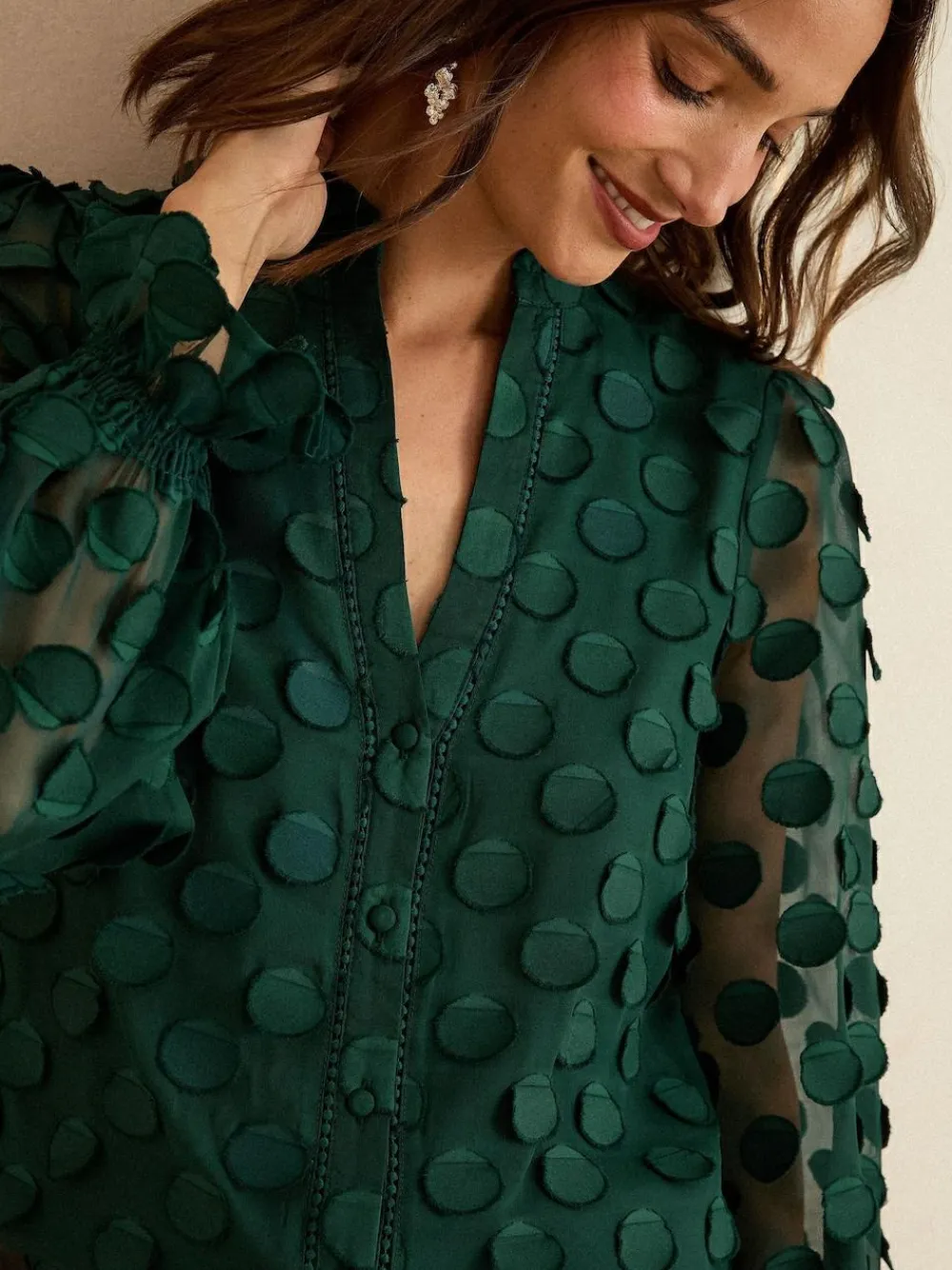 Love & Roses 3D Spot Long Sleeve Blouse Dark Green