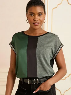 Sale Love & Roses Green and Black Embellished Cuff Satin Front Satin Front V-Neck Short Sleeve Top