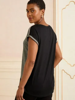 Sale Love & Roses Green and Black Embellished Cuff Satin Front Satin Front V-Neck Short Sleeve Top