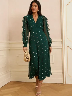 Hot Love & Roses Embroidered Ruffle Midi Dress Green Heart