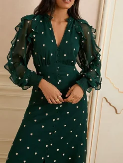 Hot Love & Roses Embroidered Ruffle Midi Dress Green Heart