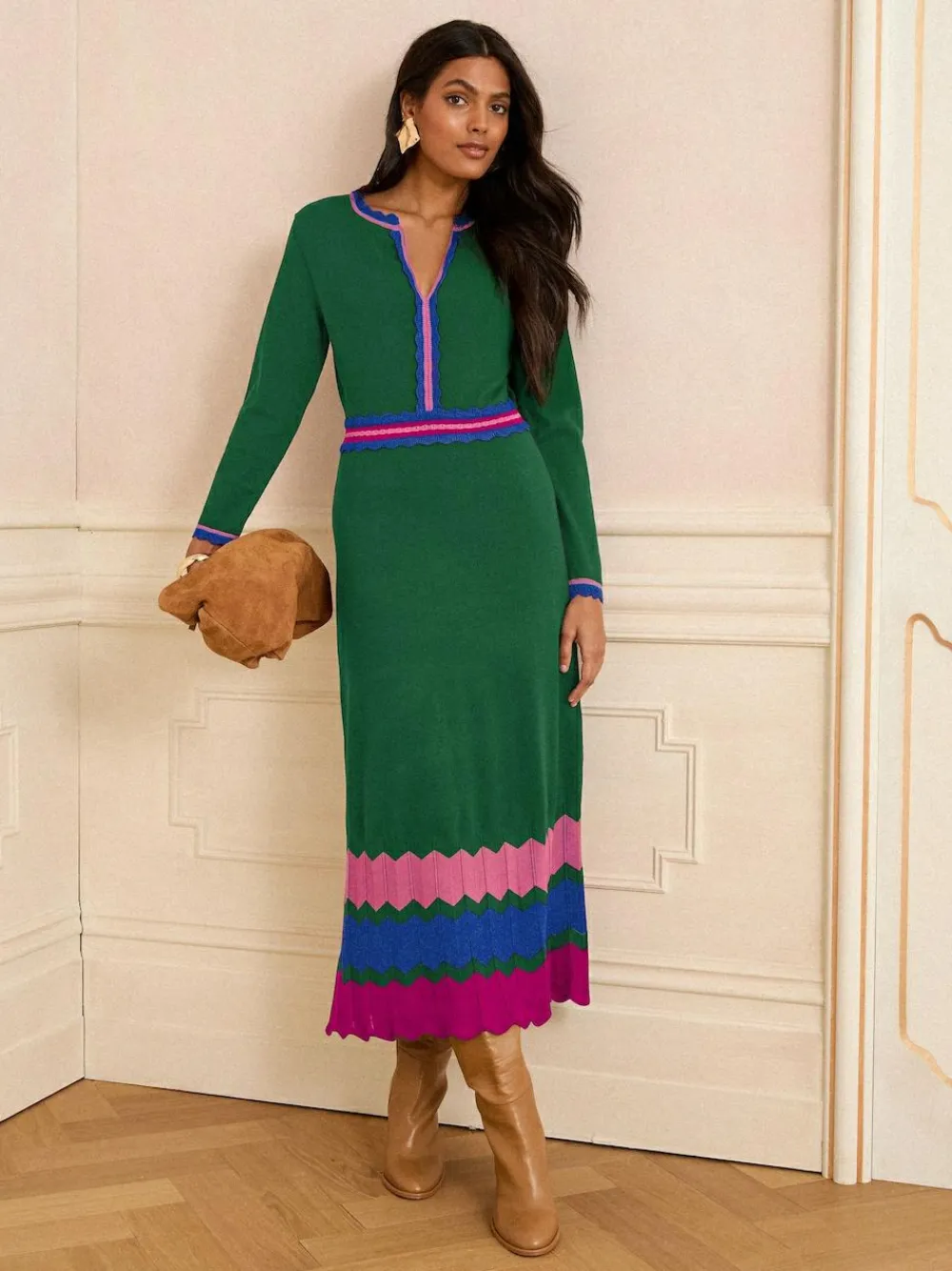 Hot Love & Roses Petite Notch Neck Knitted Midi Dress Green