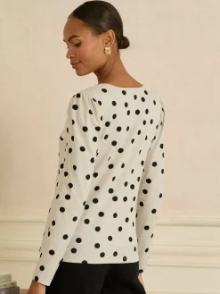 Online Love & Roses Ivory and Black Spot Print Scallop V-Neck Long Sleeve Jersey Top
