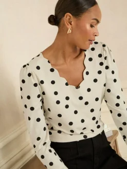 Online Love & Roses Ivory and Black Spot Print Scallop V-Neck Long Sleeve Jersey Top