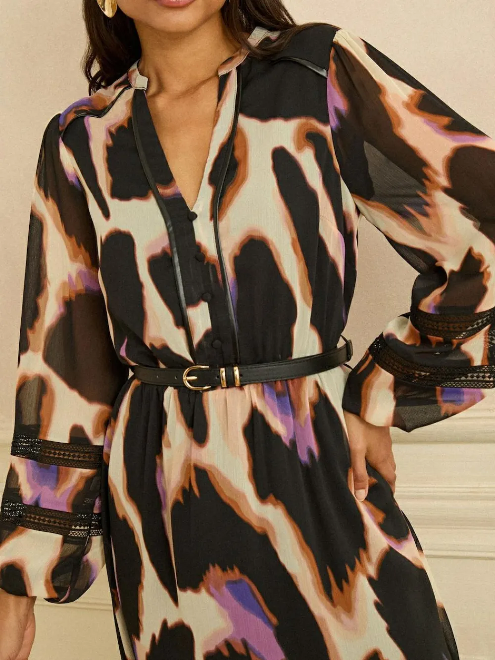 Love & Roses Ivory Animal PU Trim Midi Dress^Women Dresses|Midi Dresses