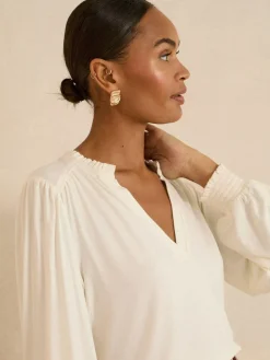 New Love & Roses Frill V-Neck Jersey Long Sleeve Top Ivory