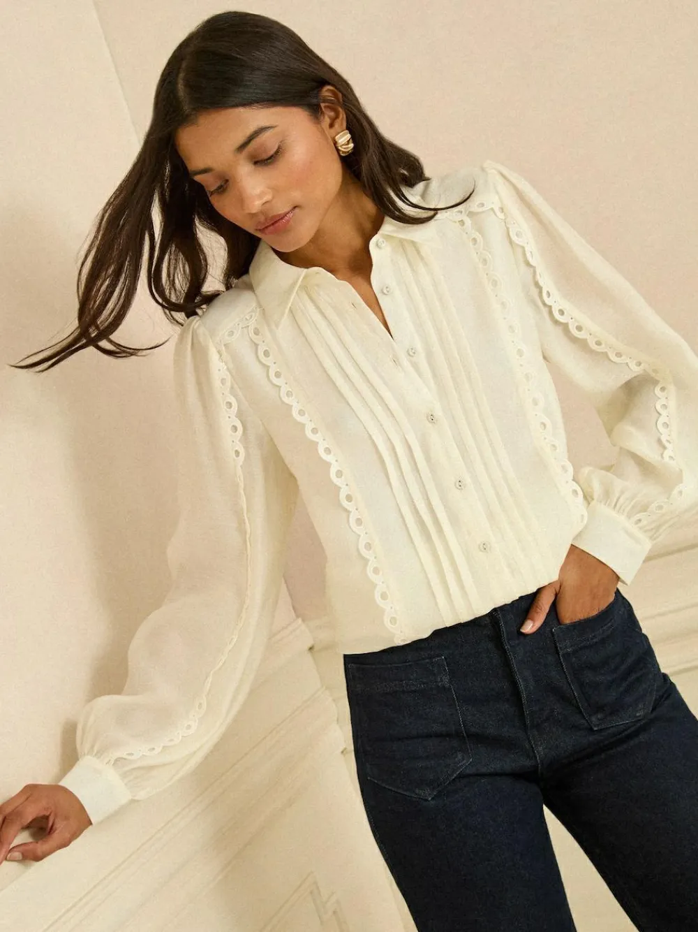 Love & Roses Petite Long Sleeve Button Through Lace Trim Shirt^Women Blouses & Shirts