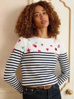 Sale Love & Roses Ivory Stripe Embroidered Top