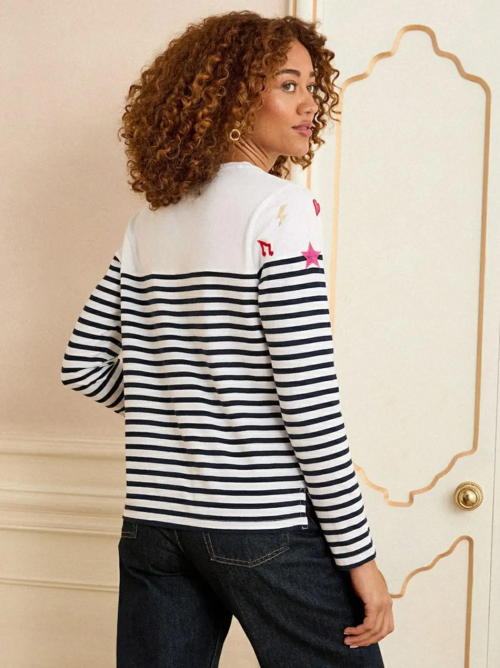Sale Love & Roses Ivory Stripe Embroidered Top