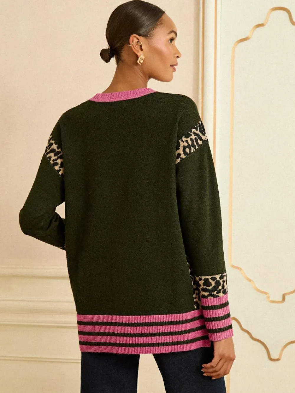 Love & Roses Khaki Green Animal Side Stripe Crew Neck Cosy Jumper^Women Knitwear|Knitwear