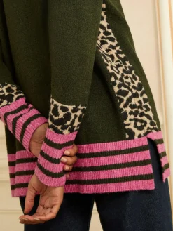 Love & Roses Khaki Green Animal Side Stripe Crew Neck Cosy Jumper^Women Knitwear|Knitwear