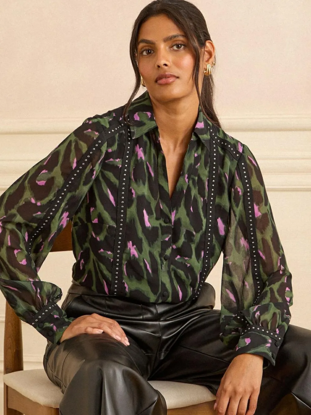 Sale Love & Roses Button Through Long Sleeve Shirt Khaki Green