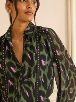 Sale Love & Roses Button Through Long Sleeve Shirt Khaki Green