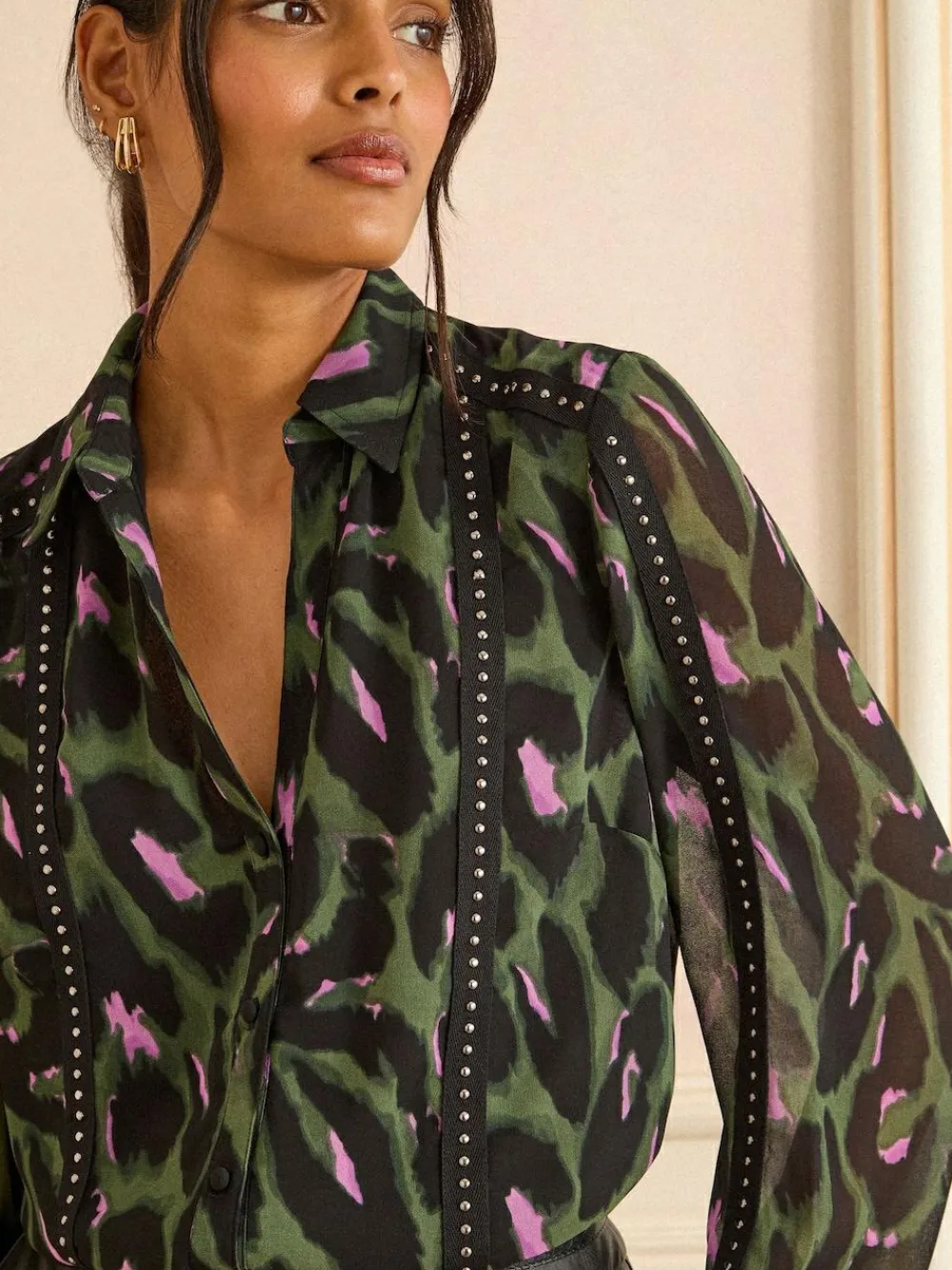 Sale Love & Roses Button Through Long Sleeve Shirt Khaki Green