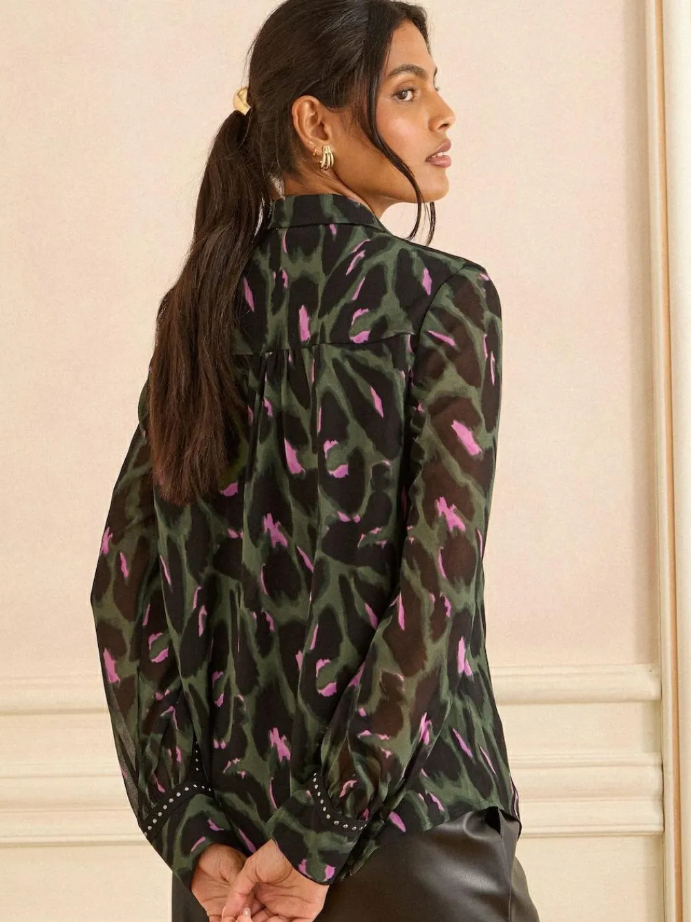 Sale Love & Roses Button Through Long Sleeve Shirt Khaki Green