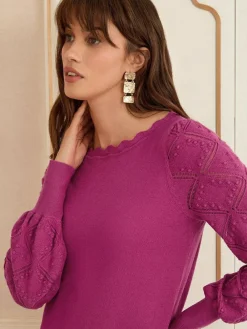 Sale Love & Roses Magenta Pink Bobble Stitch Scallop Knit Jumper