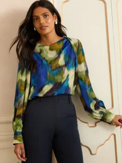 Love & Roses Long Sleeve Satin Cowl Neck Blouse Multi