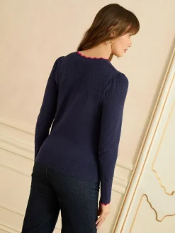 Love & Roses Navy and Pink Scallop Knitted Cardigan
