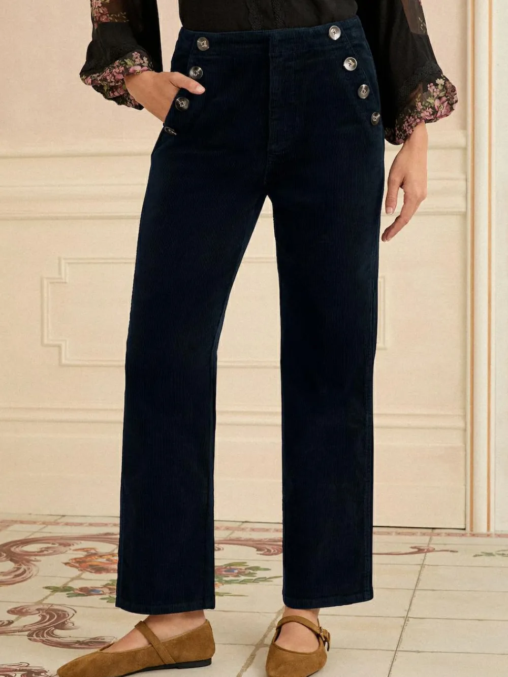 Hot Love & Roses Corduroy Straight Trousers Navy Blue