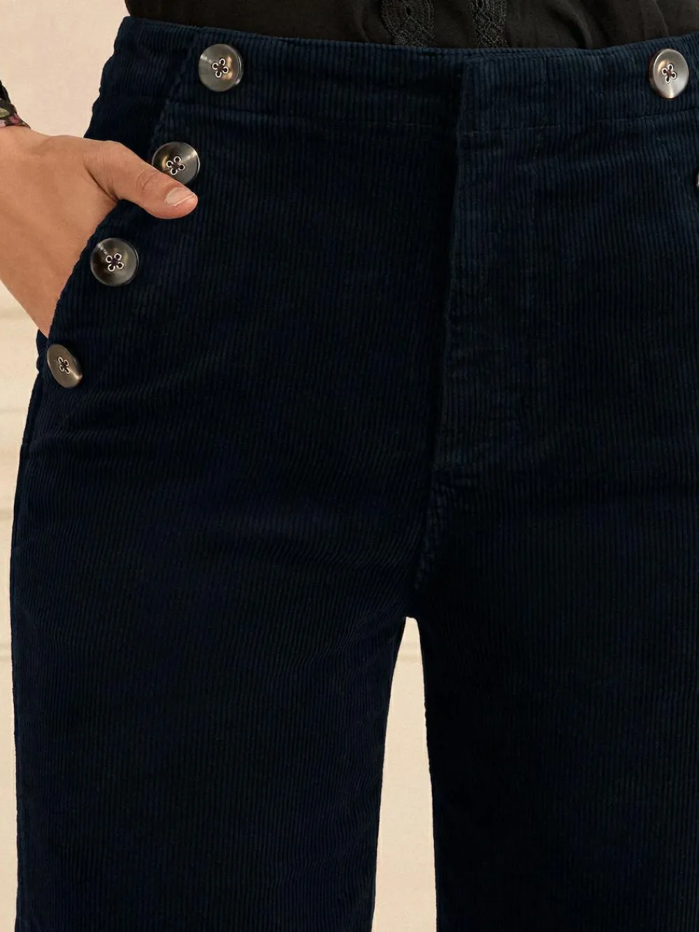 Hot Love & Roses Corduroy Straight Trousers Navy Blue