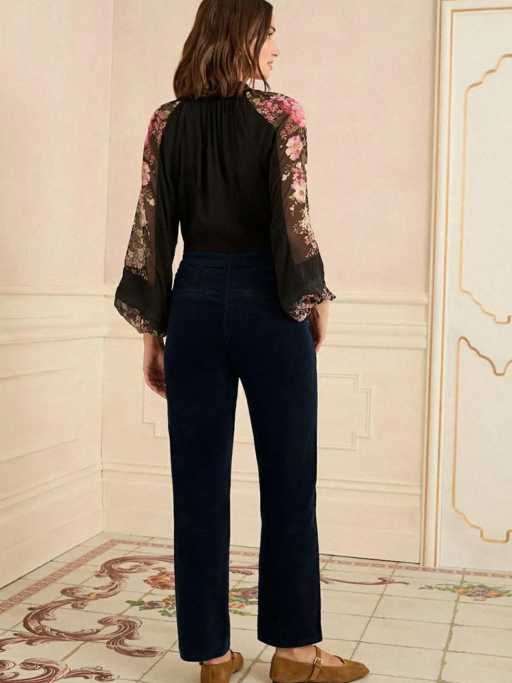 Hot Love & Roses Corduroy Straight Trousers Navy Blue