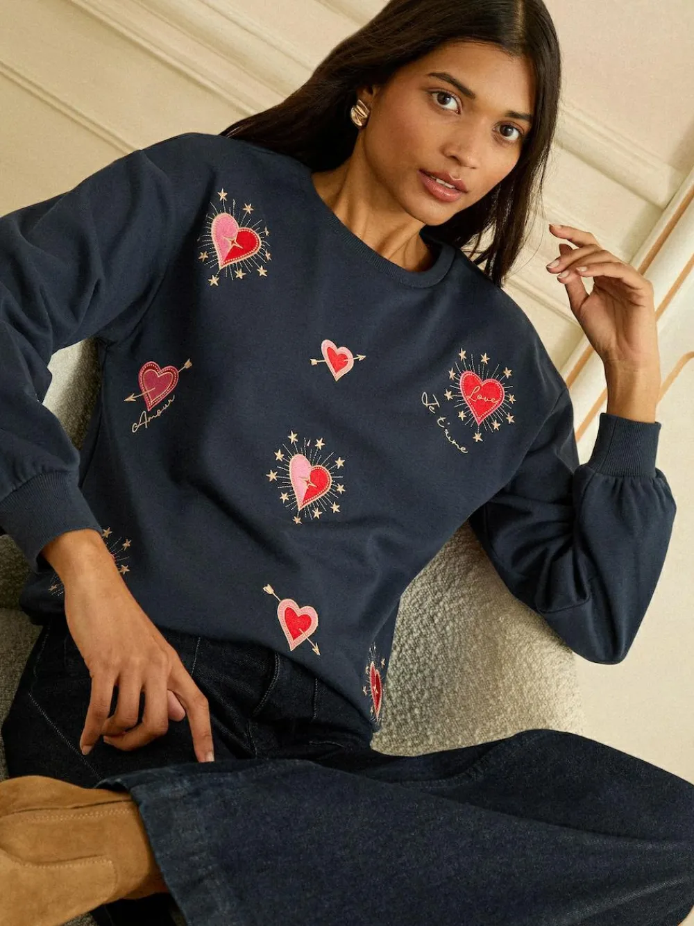 Love & Roses Navy Blue Heart Embroidery Crew Neck Jersey Sweatshirt^Women Hoodies & Sweatshirts