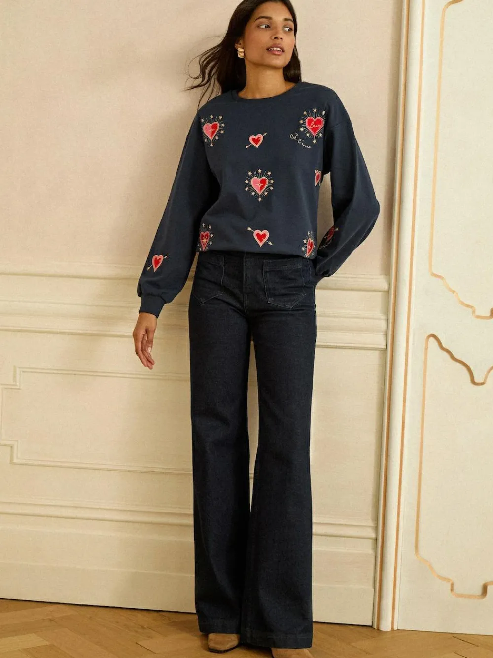 Love & Roses Navy Blue Heart Embroidery Crew Neck Jersey Sweatshirt^Women Hoodies & Sweatshirts