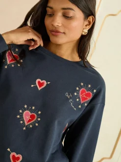 Love & Roses Navy Blue Heart Embroidery Crew Neck Jersey Sweatshirt^Women Hoodies & Sweatshirts