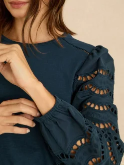 Hot Love & Roses Long Sleeve Top Navy Broderie