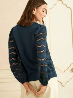 Hot Love & Roses Long Sleeve Top Navy Broderie
