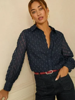 Sale Love & Roses 3D Heart Long Sleeve Button Through Shirt Navy