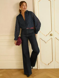 Sale Love & Roses 3D Heart Long Sleeve Button Through Shirt Navy