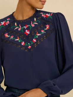 Love & Roses Navy Embroidered Crew Neck Long Sleeve Blouse^Women Blouses & Shirts