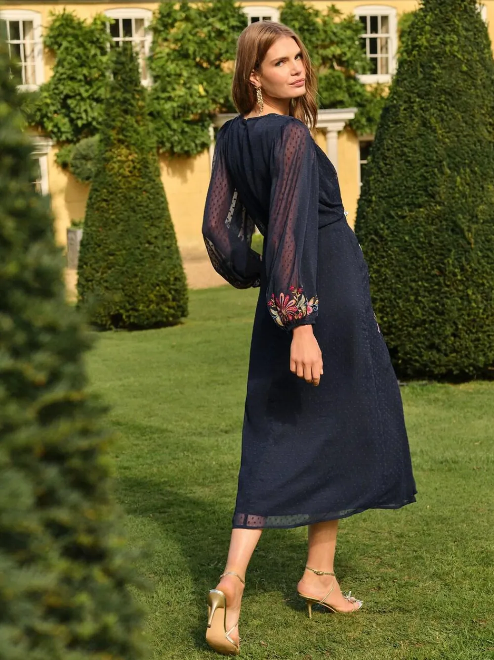 Clearance Love & Roses Navy Floral Embroidered Crew Neck Midi Dress